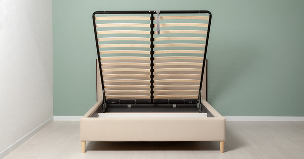 Кровать Микаса 160 велюр светлый бежевый, шоколадный с ортопедическим основанием и подъемным механизмом