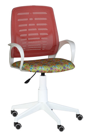 Кресло на колесах Ирис белый каркас, обивка сидушка - ткань саржа бабочки, спинка красный,  подлокотники пластик, крестовина пластик, без качания