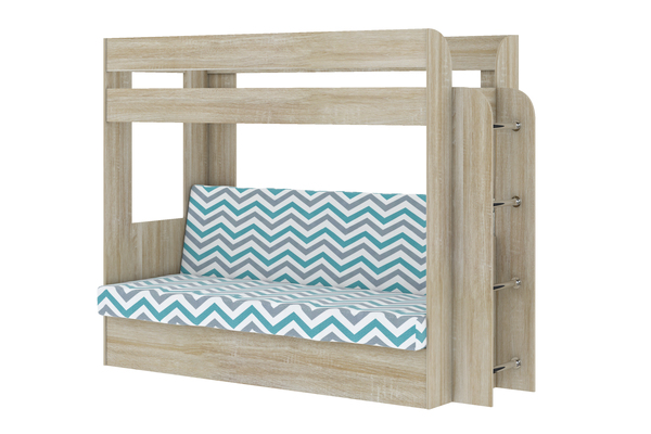 Кровать детская двухъярусная Карамель 75 Дуб Сонома, диван - велюр WILLY MINT бирюзовые зигзаги (сборка на любую сторону) спальное место верх 80х190, низ 120х185
