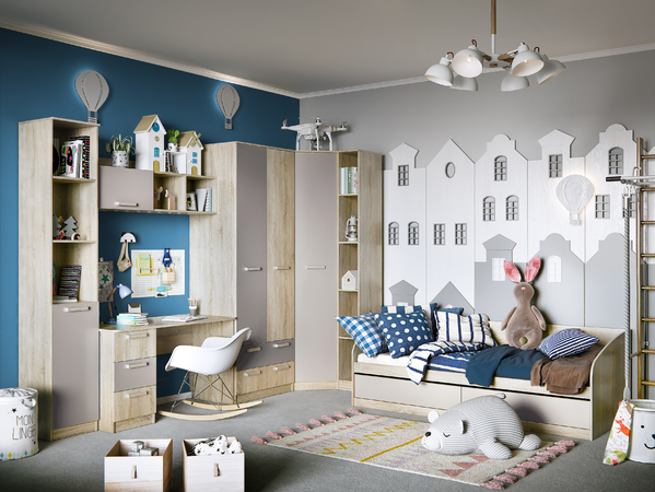 Кровать детская Акварель НМ 041.50-01 дуб сонома, капучино с мягкой спинкой Дабл лекко ява велюр серо-розовый