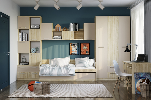 Кровать детская Акварель НМ 041.50-01 дуб сонома, капучино с мягкой спинкой Дабл лекко ява велюр серо-розовый