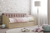 Кровать детская Акварель НМ 041.50 дуб сонома, капучино с мягкой спинкой Дабл лекко ява велюр серо-розовый