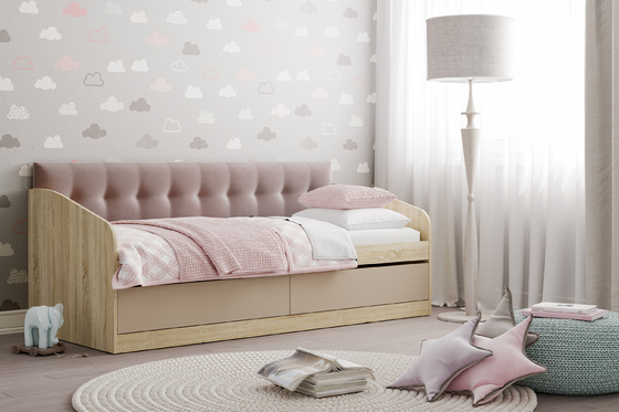 Кровать детская Акварель НМ 041.50 дуб сонома, капучино с мягкой спинкой Дабл лекко ява велюр серо-розовый