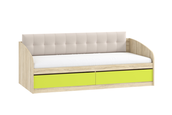 Кровать детская Акварель НМ 041.50 дуб сонома, лайм с мягкой спинкой Дабл велутто 16 велюр бежевый