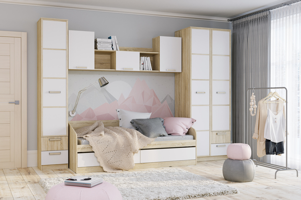 Кровать детская Фанк НМ 041.50-01 дуб сонома, белый с мягкой спинкой Дабл лекко ява велюр серо-розовый