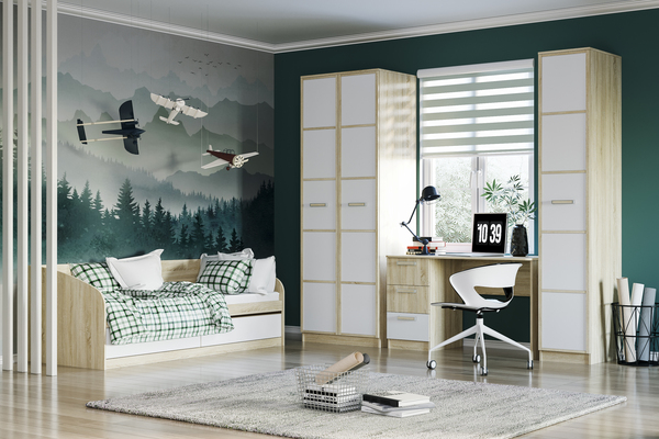 Кровать детская Фанк НМ 041.50-01 дуб сонома, белый с мягкой спинкой Дабл лекко ява велюр серо-розовый