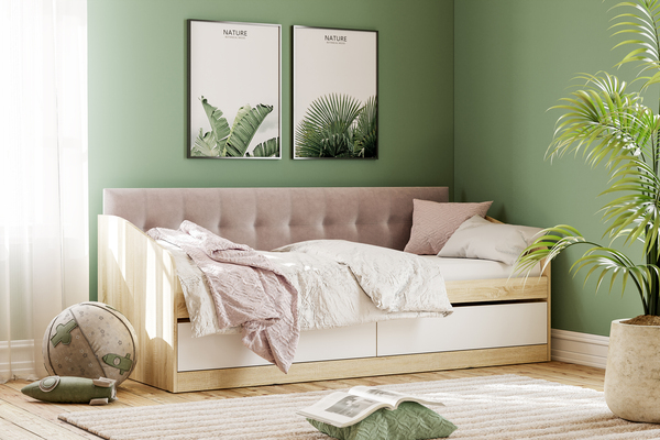 Кровать детская Фанк НМ 041.50-01 дуб сонома, белый с мягкой спинкой Дабл лекко ява велюр серо-розовый