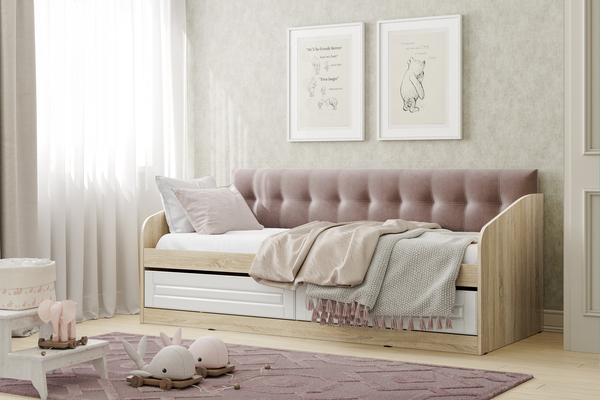 Кровать детская Оливия НМ 041.50-01 дуб сонома, белое дерево с мягкой спинкой Дабл лекко ява велюр серо-розовый