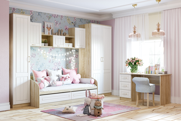 Кровать детская Оливия НМ 041.50-01 дуб сонома, белое дерево с мягкой спинкой Дабл лекко ява велюр серо-розовый