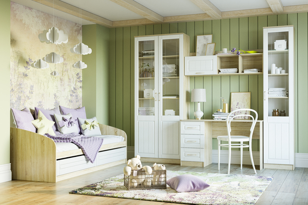 Кровать детская Оливия НМ 041.50-01 дуб сонома, белое дерево с мягкой спинкой Дабл лекко ява велюр серо-розовый