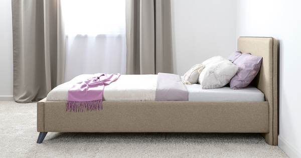 Кровать Миа 160 рогожка бежево-коричневый, кант желтовато-коричневый с ортопедическим основанием и подъемным механизмом