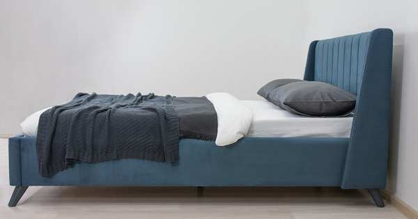 Кровать Мелисса 140 велюр серо-синий с ортопедическим основанием и подъемным механизмом