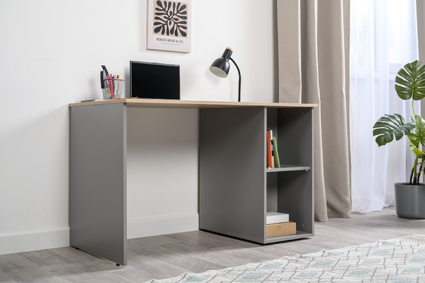 Стол письменный Лайт 12.163 серый шифер, дуб белый exclusive OW D4430, сборка на любую сторону, два варианта сборки тумбы