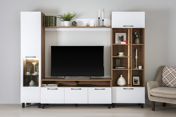 Полка навесная в гостиную Манхеттен 15.54 дуб крафт табачный, белая шагрень ПВХ