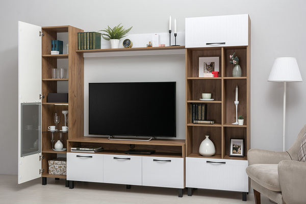 Полка навесная в гостиную Манхеттен 15.54 дуб крафт табачный, белая шагрень ПВХ