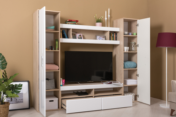 Полка навесная в гостиную Альба 3 09.130 дуб эндгрейн элегантный, белый глянец ПВХ