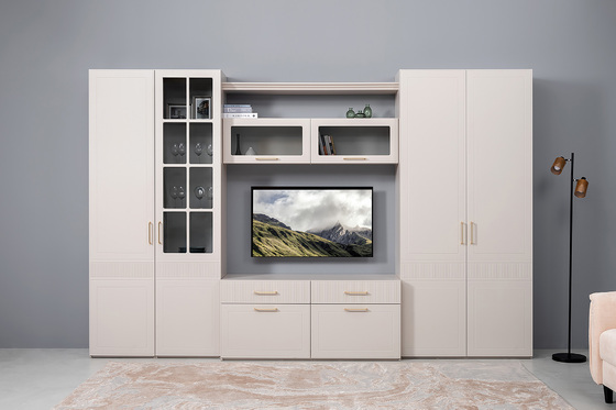 Гостиная Ричфорд композиция 1 без карнизов, кашемир 5981 BS, моно керамика D166-2 ПВХ, белый PE шагрень (собирается на любую сторону)