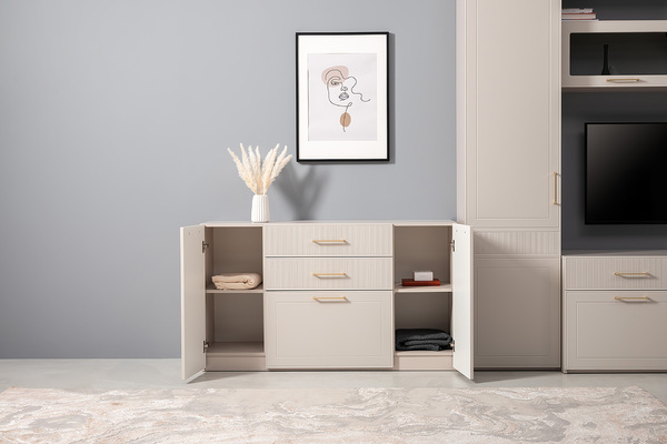 Гостиная Ричфорд композиция 2 без карнизов, кашемир 5981 BS, моно керамика D166-2 ПВХ, белый PE шагрень (собирается на любую сторону)