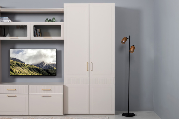 Гостиная Ричфорд композиция 1 с карнизами, кашемир 5981 BS, моно керамика D166-2 ПВХ, белый PE шагрень (собирается на любую сторону)