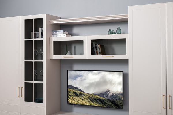 Гостиная Ричфорд композиция 1 с карнизами, кашемир 5981 BS, моно керамика D166-2 ПВХ, белый PE шагрень (собирается на любую сторону)