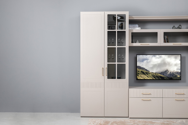 Гостиная Ричфорд композиция 1 с карнизами, кашемир 5981 BS, моно керамика D166-2 ПВХ, белый PE шагрень (собирается на любую сторону)