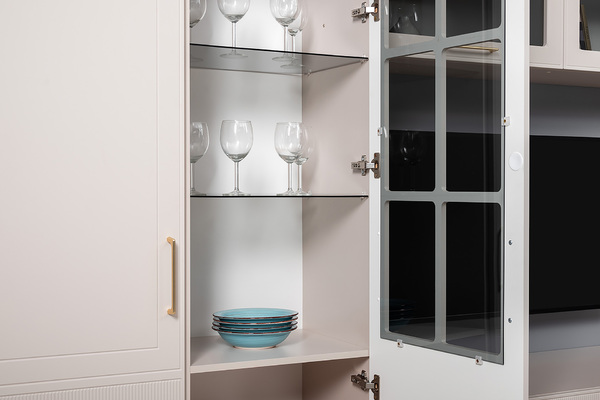 Гостиная Ричфорд композиция 1 с карнизами, кашемир 5981 BS, моно керамика D166-2 ПВХ, белый PE шагрень (собирается на любую сторону)