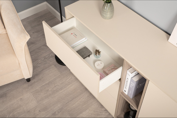 Комод Тайл 16.237 сатин 7045 SU, эмили блаш U9135, белый PE шагрень, собирается на любую сторону